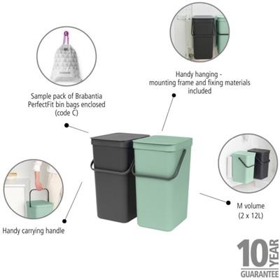 Prullenbak 2x12.0l built-in Brabantia green/grey