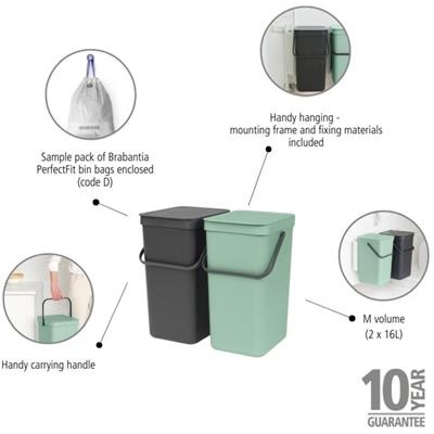 Prullenbak 2x16.0l built-in Brabantia green/grey