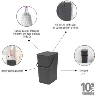 Prullenbak sort&go 12.0l Brabantia grey