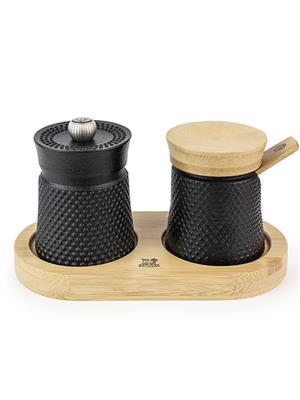 Set pepermolen en zoutvat op plateau Peugeot Bali Fonte 8.0cm zwart