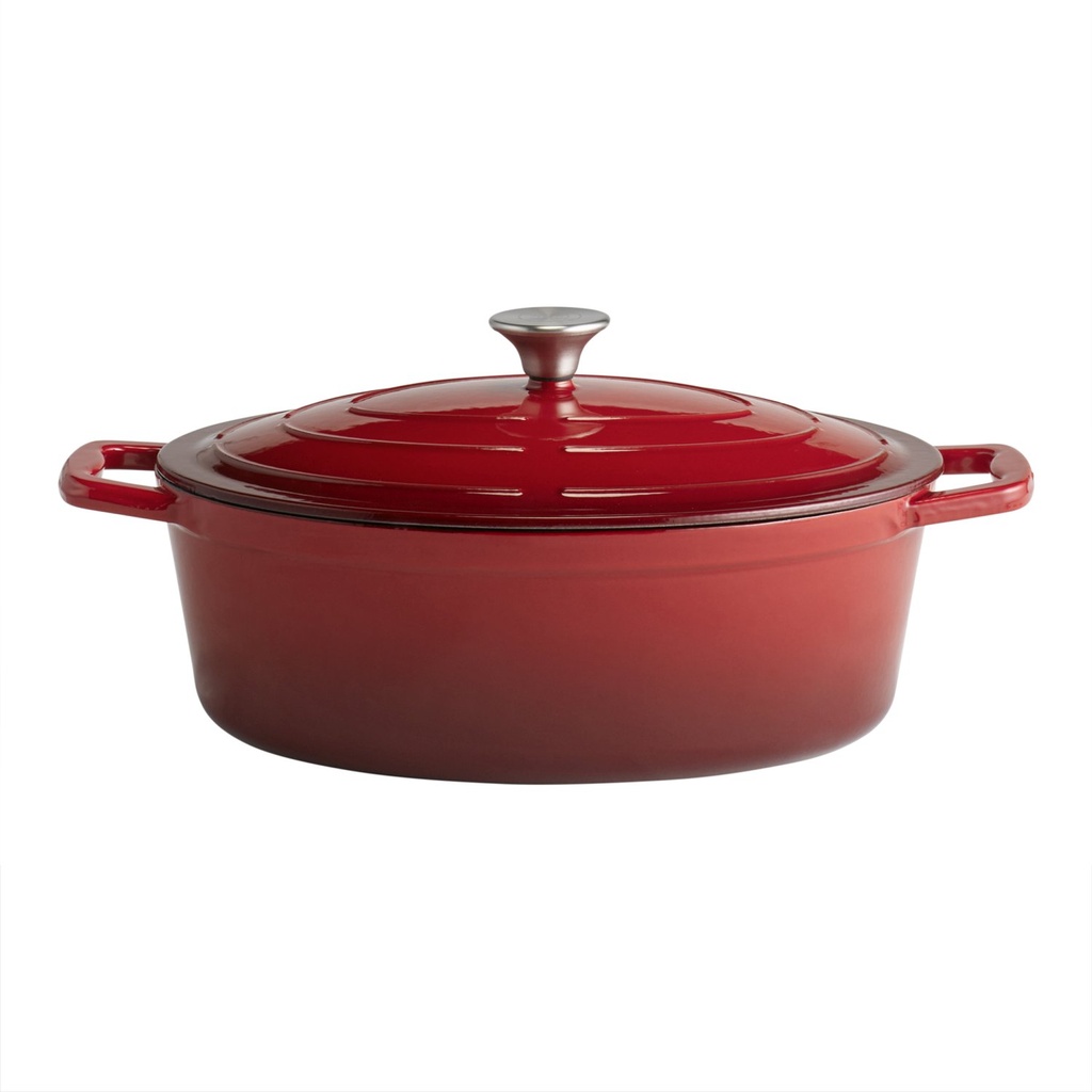 Gietijzeren geëmailleerde ovale braadslede met deksel 33.0x25.0x11.0cm rood crème
