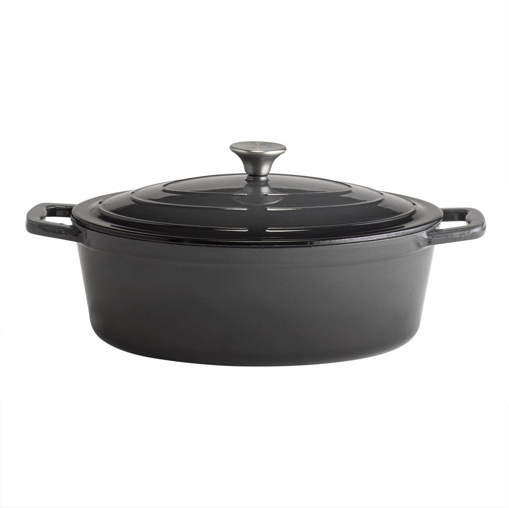Ovale geëmailleerde gietijzeren braadpan met deksel 33.0x25.0x11.0cm 5 sterren Crème met antraciet binnenzijde