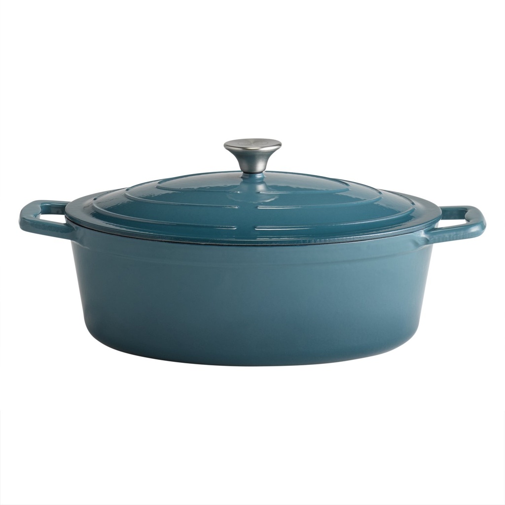 Ovale gietijzeren braadpan met deksel 33.0x25.0x11.0cm crème geëmailleerd turquoise binnenkant
