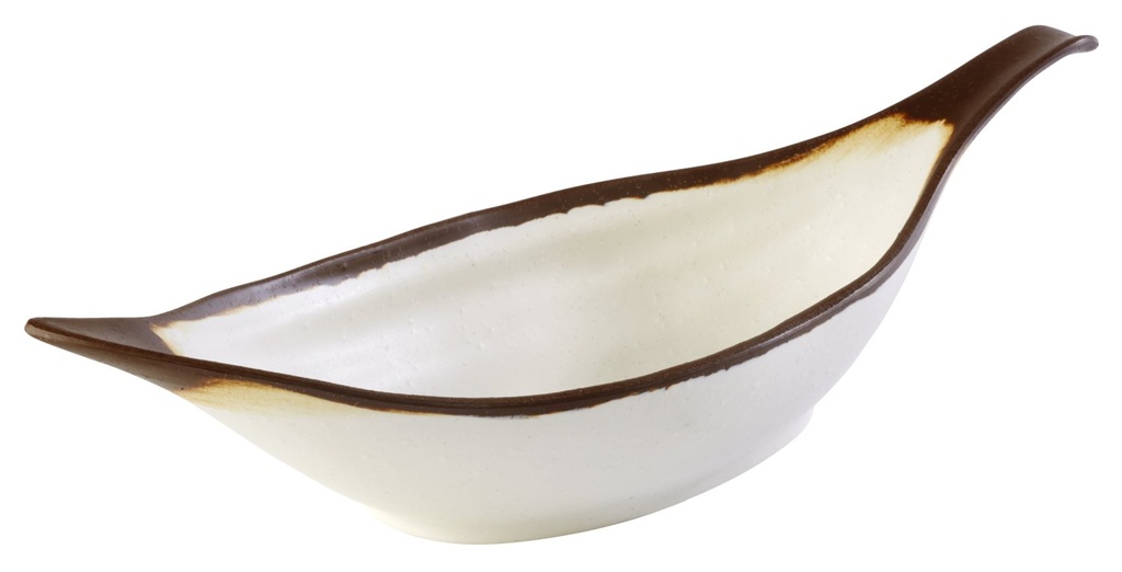 Melamine schaal bladvorm 42.0x14.0x9.5cm crème met lichtbruine rand