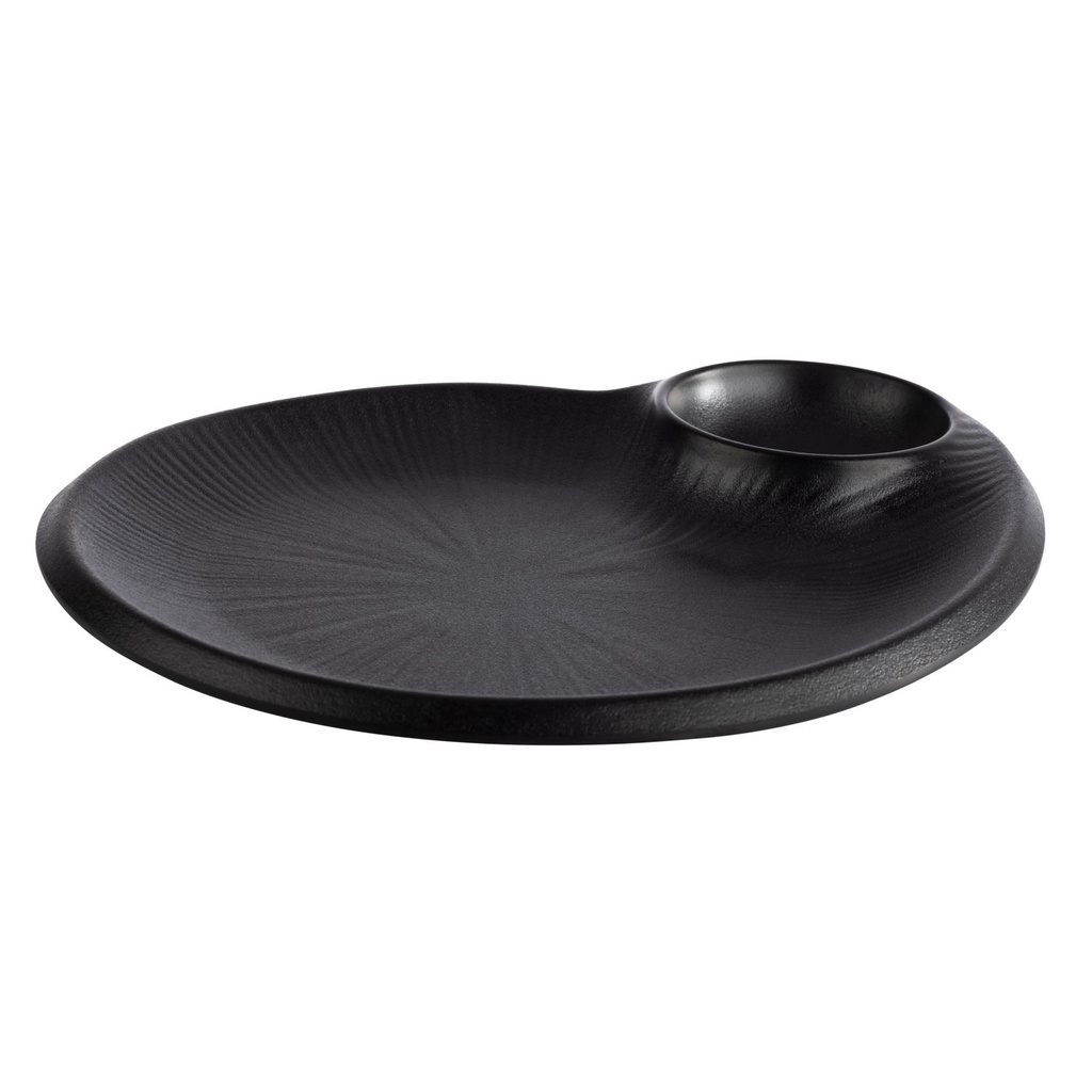 Melamine bord 24.0x20.0x2.5cm zwart met geïntegreerde uitsparing voor dipkom 7.0cm