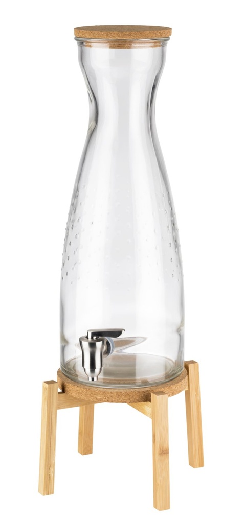 Drankendispenser met glazen reservoir RVS kraan en kurken deksel op houten standaard 23.0x23.0x56.5cm Naturel