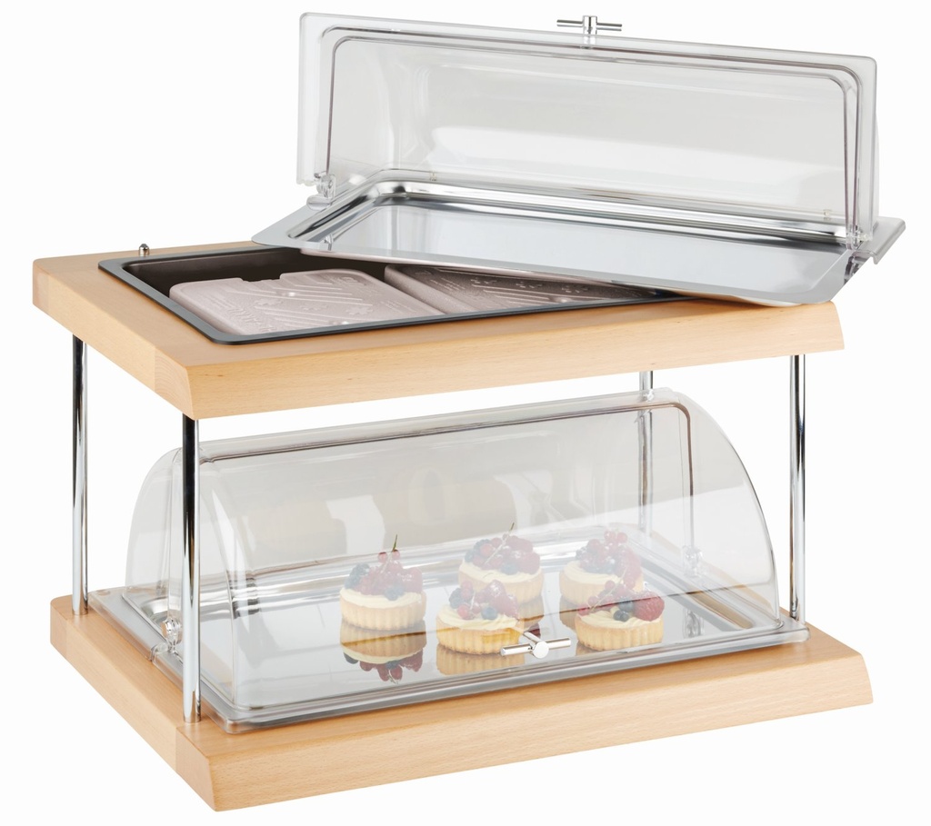 Dubbeldeks koel buffetdisplay met 2 beukenhouten koelboxen en 2 GN 1/1 koelschalen 60.0x41.0x36.0cm