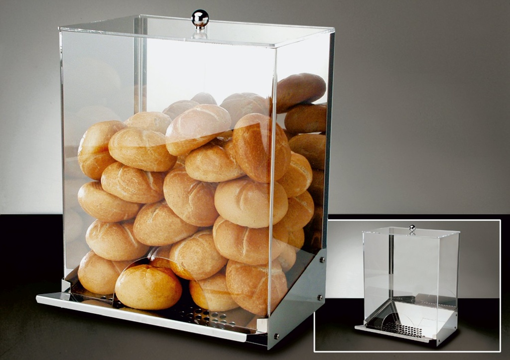 Broodjesdispenser 33.0x27.0x42.0cm met kruimellade voor 45-50 broodjes 18/10 RVS acryl