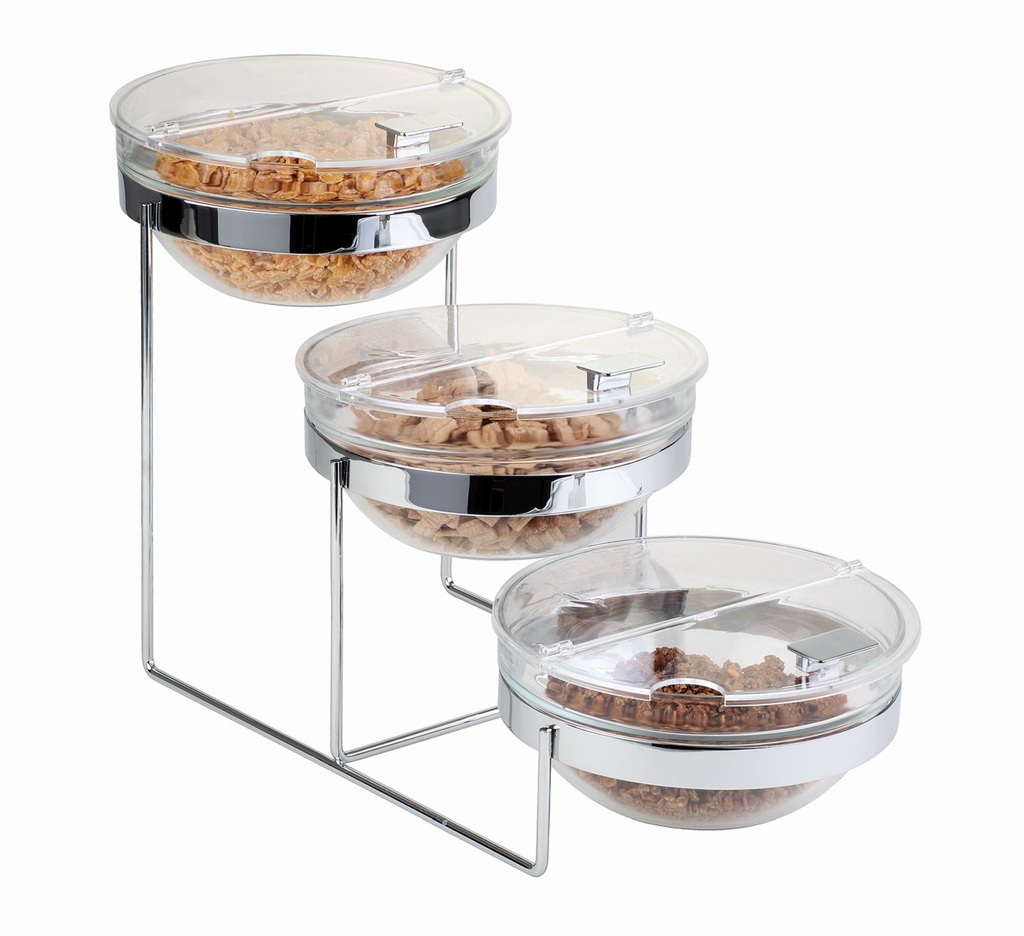 Buffetstandaard Sunday 61.0x24.0x35.0cm (h) set met 3 glazen schalen Ø 23.0 cm en 3 klapdeksels Sunday 61.0x24.0x37.5cm