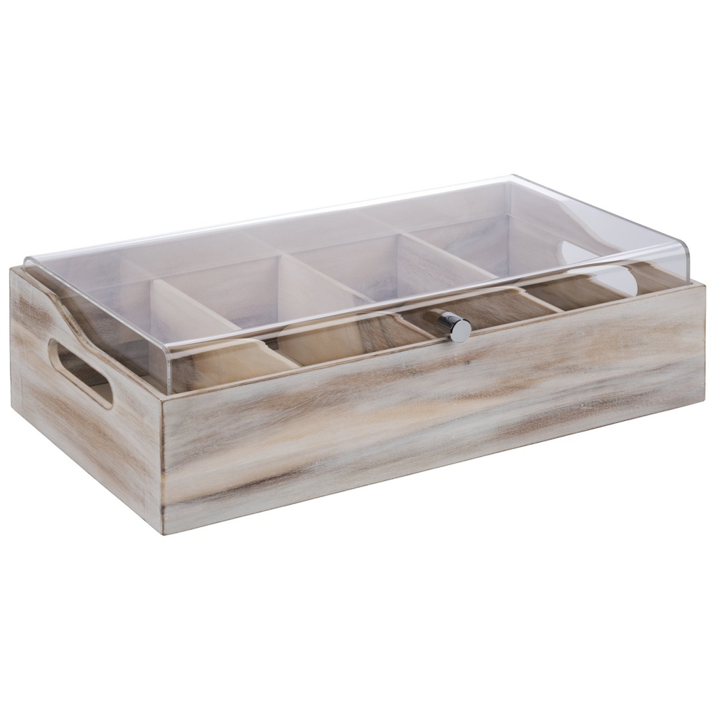 Bestekbak 51.0x28.0x14.5cm Vintage van acaciahout met witte acryl deksel 4 vakken 26.0x11.5cm