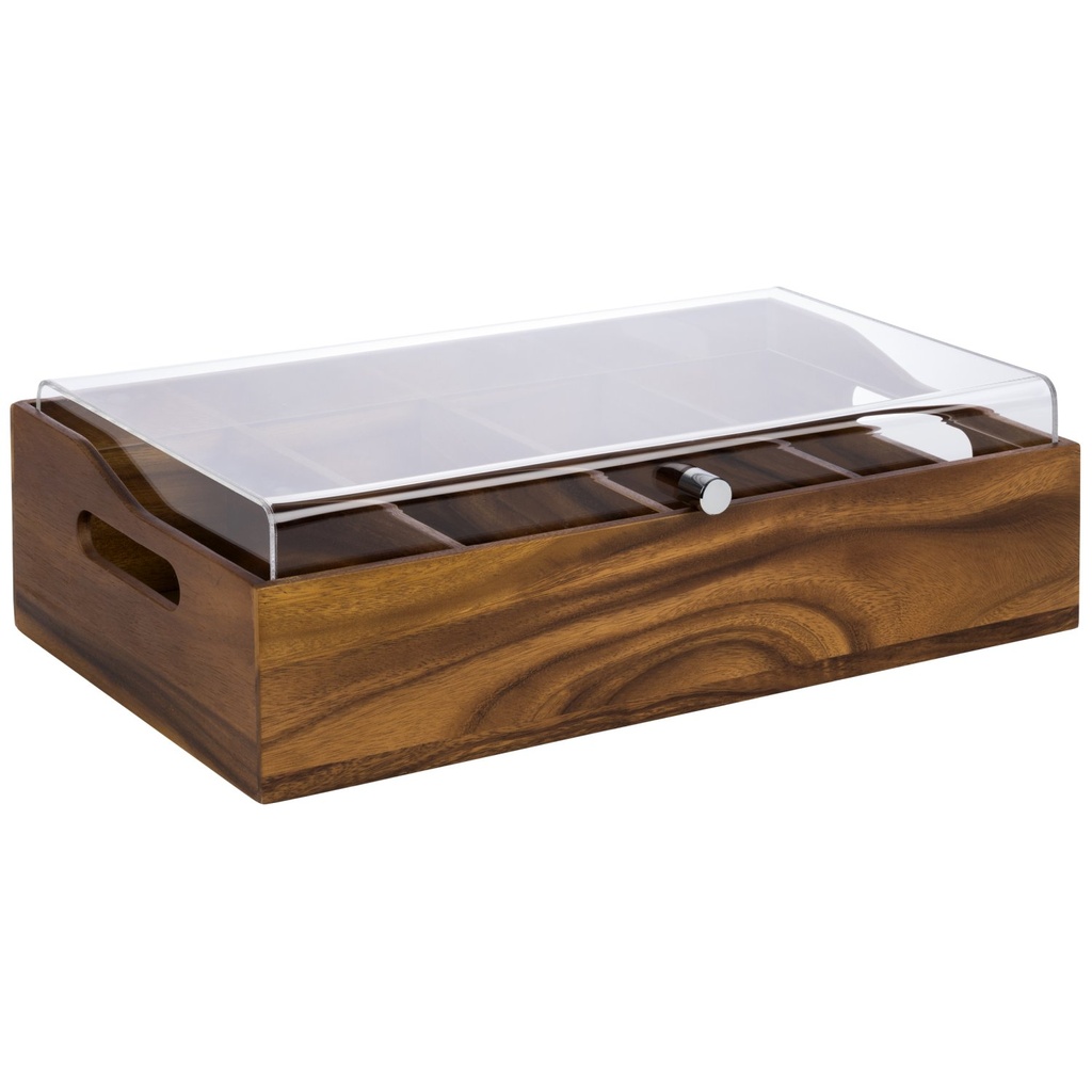 Bestekbak 51.0x28.0x13.0cm Vintage naturel van acaciahout met acryl deksel met 4 vakken van 26.0x11.5cm