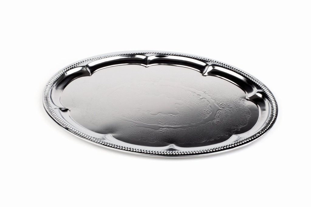 Ovale partyschaal 46.0x34.0x1.5cm glanzend verchroomd metaal met geciseleerde binnenzijde
