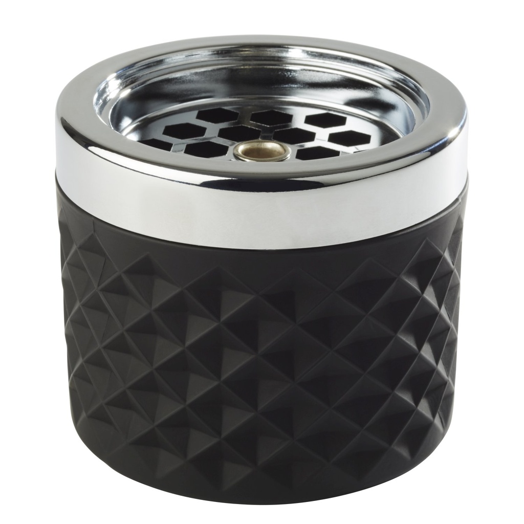 Glazen Asbak met mat verchroomde metalen bajonetsluiting 9.5x9.5x8.0cm Nebula mat zwart