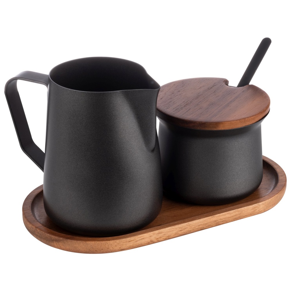 Melk- en suikerset inclusief dienblad 19.0x10.0x1.0cm 19.0x10.0x10.0cm zwart Miluro acaciahout RVS antiaanbaklaag
