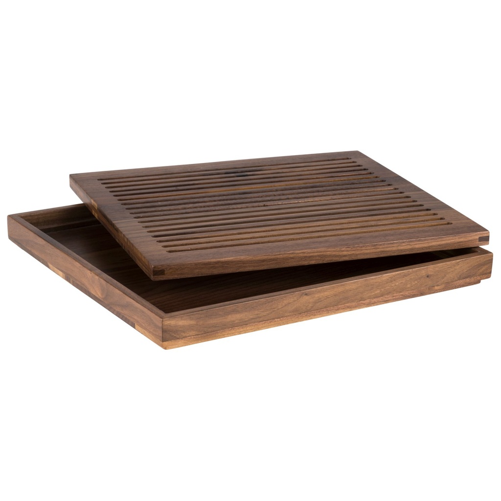 Notenhouten Snijplank Geolied met Uitneembare Kruimellade en Antislipvoetjes GN 2/3 35.4x32.5x3.5cm