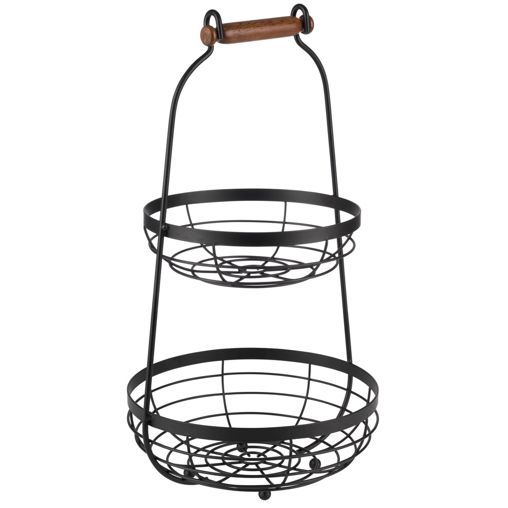 Etagère 2-laags metaal met houten handvat en onderste mand 26.0x26.0x48.0cm zwart