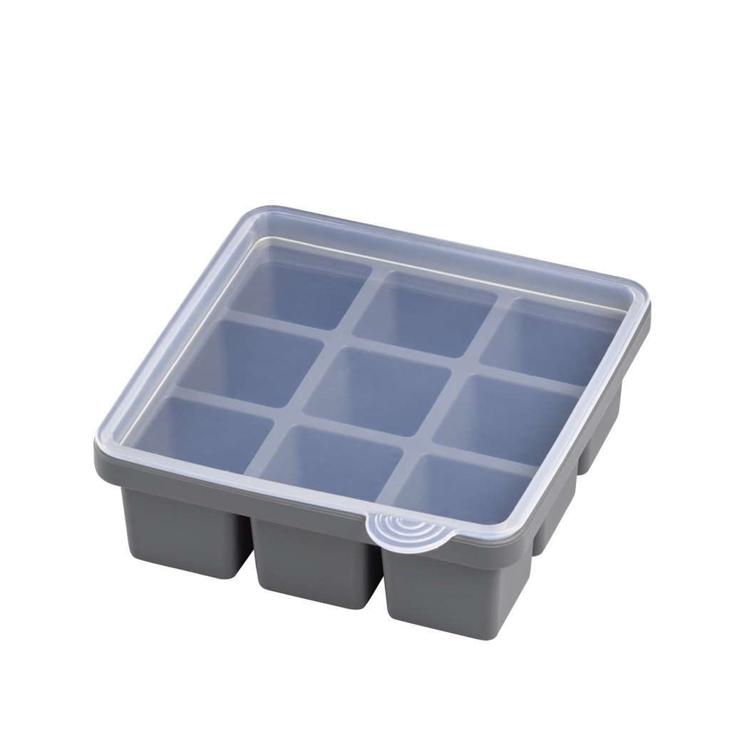 IJsblokjesvorm set van 2 stuks 15.5x15.5x5.5cm voor 9 ijsblokjes per stuk siliconen grijs met transparant deksel