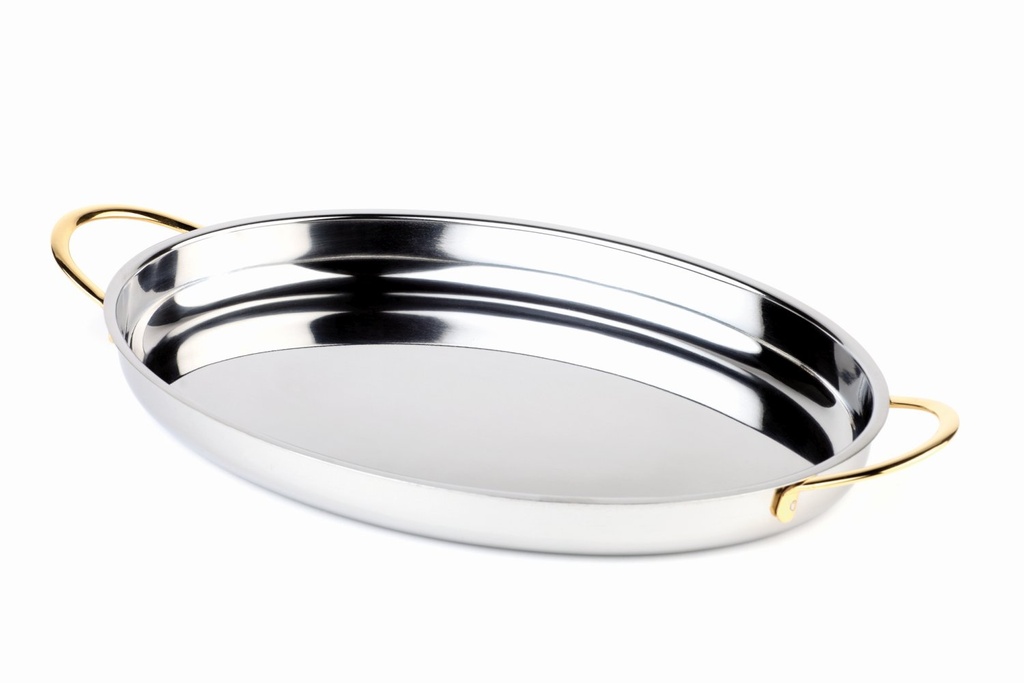 Gratinpan ovaal 0.8 liter 31x21.5x3.5cm RVS met vergulde handgrepen
