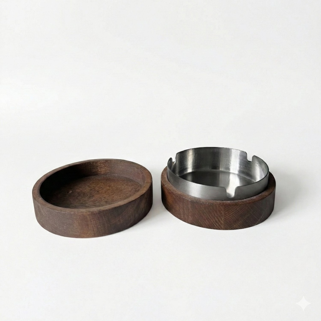 Asbak met houten deksel rond 11.5x5.0cm Walnut wood - RVS Essentials Joy Buffet 