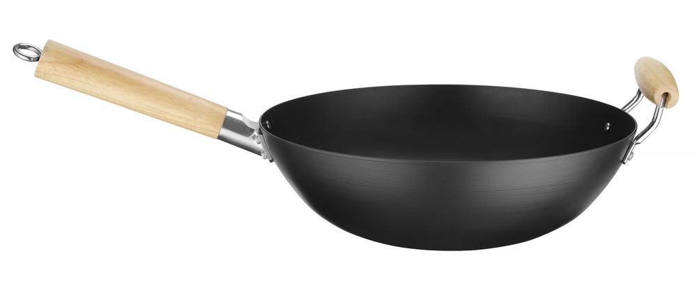 Wok met houten handvat 320x98 mm carbon staal Hendi