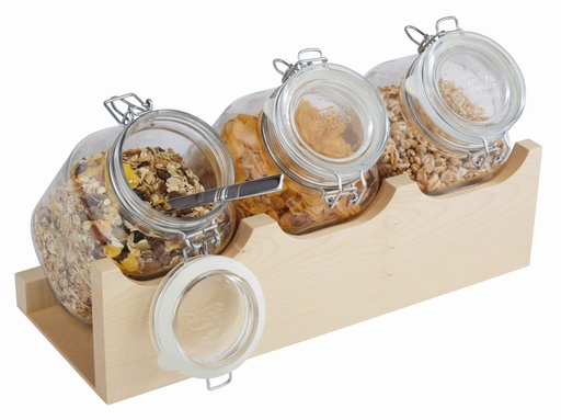 [506070] Ontbijt Buffetstandaard 43.0x17.0x13.5cm Naturel 4-delige houten set met 3 glazen cerealiendispensers en luchtdichte deksels