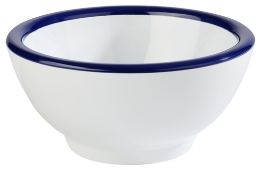 [506505] Melamine kom 0.3 liter 13.0x13.0x6.5cm emaille look wit met blauwe rand