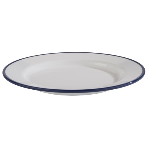 [506627] Bord 20.5x20.5x2.0cm melamine emaille-look wit met blauwe rand