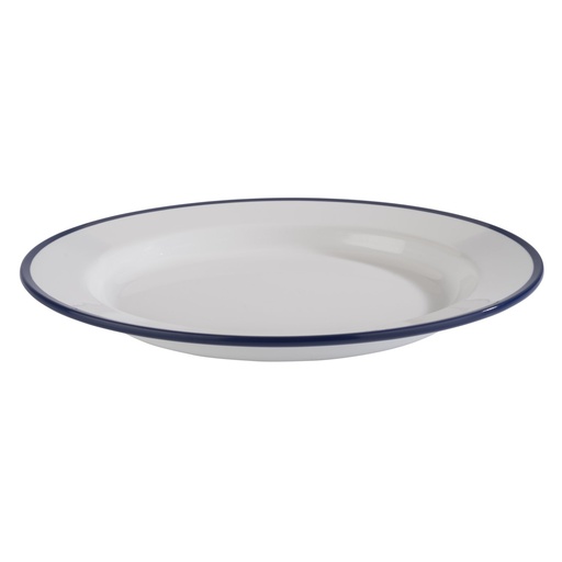 [506628] Bord 24.5x24.5x2.5cm emaille-look melamine wit met blauwe rand