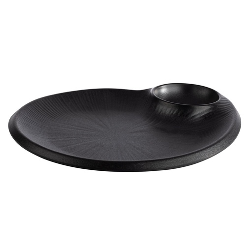 [506651] Melamine bord 24.0x20.0x2.5cm zwart met geïntegreerde uitsparing voor dipkom 7.0cm