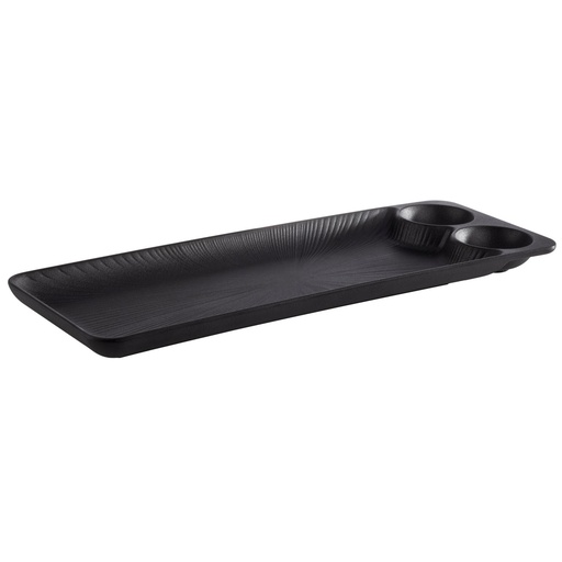 [506658] Melamine Serveerschaal 41.0x15.0x2.5cm zwart met 2 geïntegreerde sauskommen (Ø 6.0 cm, 30.0 ml)