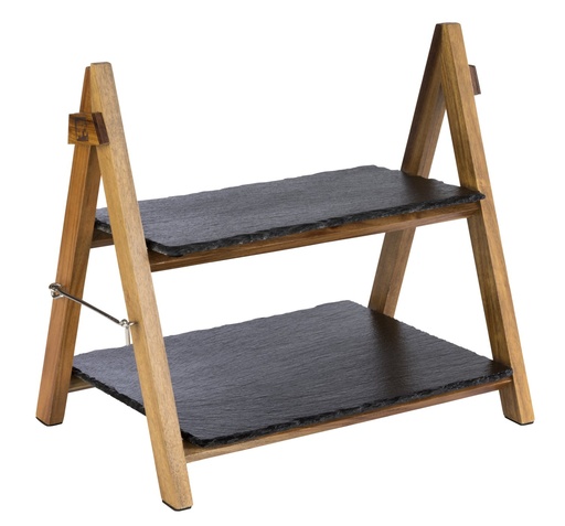 [506727] Etagère 2-laags 36.5x26.5x34cm naturel leisteen acaciahout