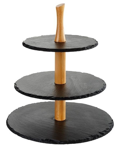 [506729] Drielaagse Etagère Ø30.0 Ø25.0 Ø20.0 cm 34.0cm Hoog Naturel Leisteen (0.4-0.7cm) Acaciahout Schalen Antislipvoetjes
