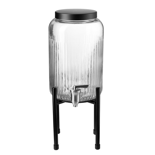 [506823] Drankdispenser met glazen reservoir RVS kraan en zwart industrieel metalen frame 16.0x16.0x40.0cm