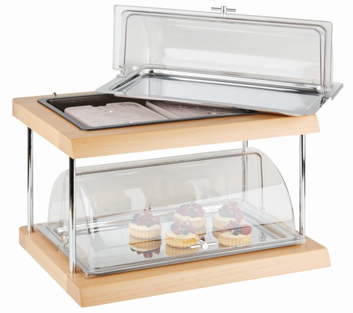 [506936] Dubbeldeks koel buffetdisplay met 2 beukenhouten koelboxen en 2 GN 1/1 koelschalen 60.0x41.0x36.0cm