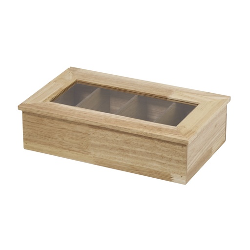 [506948] Theedoos 33.5x20.0x9.5cm hout met transparant venster 4 vakken zonder opdruk