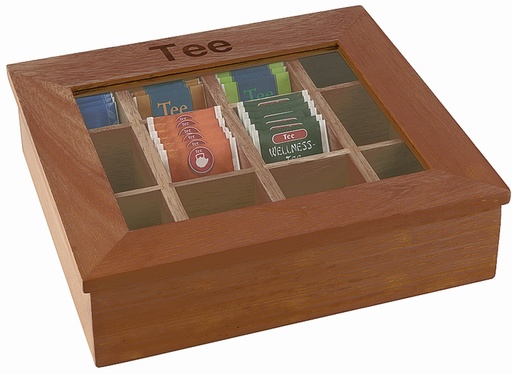 [506968] Theedoos met kijkvenster en 12 vakken voor theezakjes 31.0x28.0x9.0cm donkerhout
