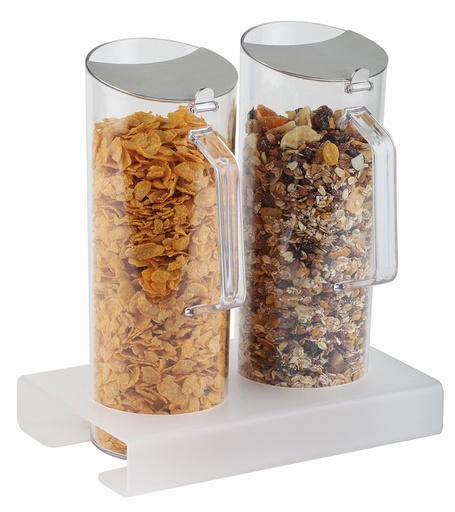[507003] 3-delige set ontbijtgranen dispenser met mat plexiglas standaard en 2 reservoirs van 1.5 liter 26.0x17.0x28.5cm