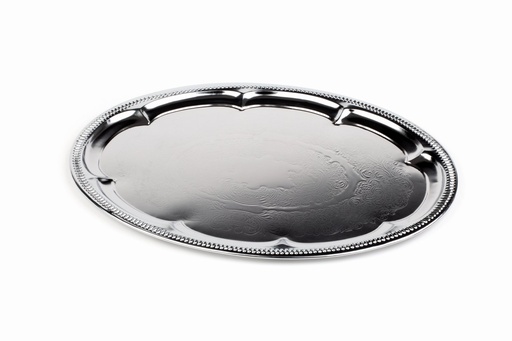 [507029] Ovale partyschaal 46.0x34.0x1.5cm glanzend verchroomd metaal met geciseleerde binnenzijde