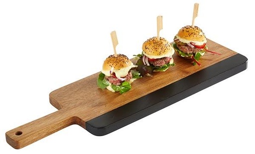 [507102] Rockwood Serveerplank acaciahout met gelakt naturel leisteen beschrijfbaar handvat 14.0 cm 56.0x18.0x1.5cm
