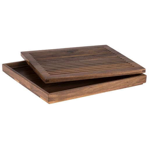 [507106] Notenhouten Snijplank Geolied met Uitneembare Kruimellade en Antislipvoetjes GN 2/3 35.4x32.5x3.5cm