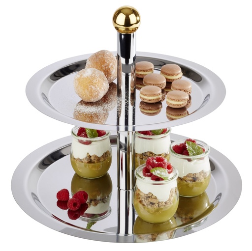 [507145] Etagère rond Ø 32.0-38.0 cm 40.0 cm hoog Finesse-38 met vergulde knop 2-laags 38.0x38.0x6.0cm RVS