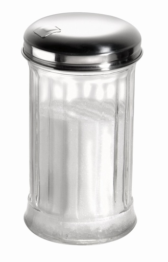 [507209] Glazen suikerstrooier met rvs deksel 7.5x7.5x13.5cm