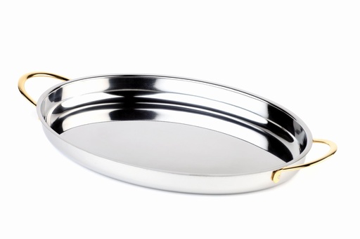 [507222] Gratinpan ovaal 0.8 liter 31x21.5x3.5cm RVS met vergulde handgrepen